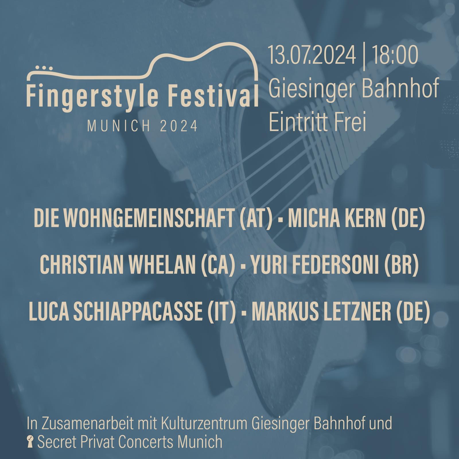 Flyer do 1° Fingerstyle Festival em Munique na Alemanha - julho de 2024